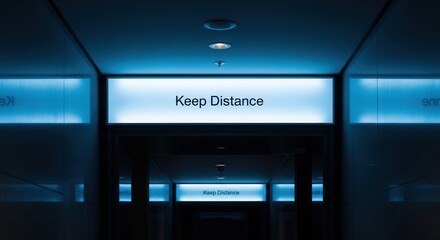 Illuminated Signage Advising Social Distancing Protocol in Modern Architectural Setting