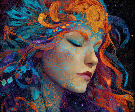 Ethereal Ornate Woman Portrait With Floral Headdress in Surreal Gold and Teal Illustration