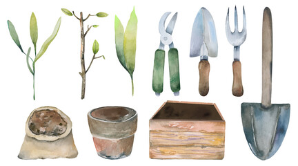 Watercolor Tree Planting and Gardening Elements © Tatyana