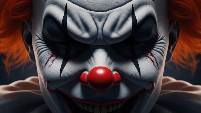 Scary Clown with Glowing Red Eyes and Frightening Grin, Horror Concept