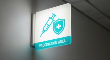 Illuminated Vaccination Area Sign, Displaying Syringe And Protective Shield Symbolism