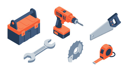 Fototapeta premium Assorted carpentry tools including drill, saw, and wrench displayed on a clean white surface from a top-down viewpoint