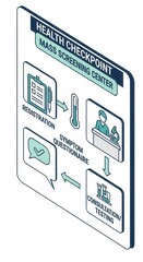 Illustrated Health Checkpoint Diagram Detailing Mass Screening Procedures and Health Assessments