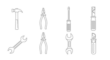 Obraz premium Collection of various hand tools including hammer, pliers, wrenches, and screwdrivers displayed in a grid layout on a clean background
