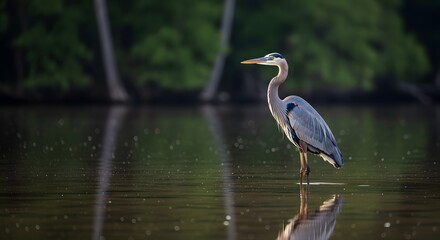 Great blue heron standing in calm water with a blurred background