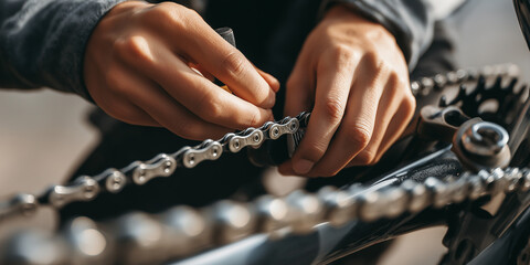 Close-up of hands adjusting bicycle chain with a tool, showcasing detailed mechanics and components in a well-lit outdoor setting