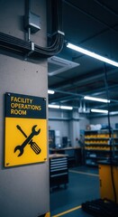 Industrial Facility Operations Room Signage: Modern Workshop Interior Scene, Vertical Shot