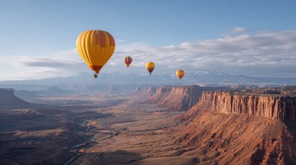 Fototapeta premium a group of hot air balloons flying over a canyon