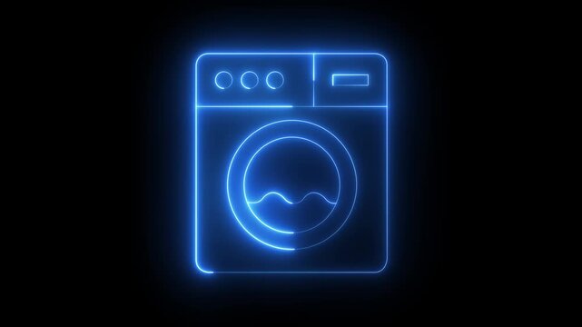 Glowing neon Washing machine icon isolated on black background. Clothes washer - laundry machine. Home appliance symbol. 4k video animation.