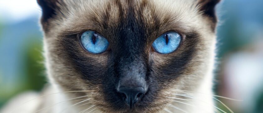 The Siamese cat with striking blue eyes in a soft focused closeup portrait