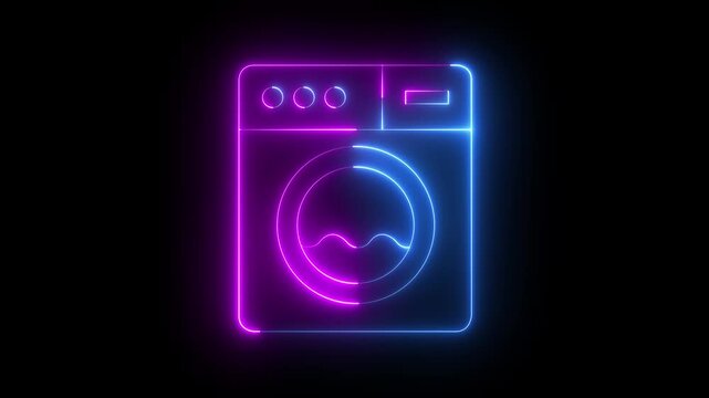 Glowing neon Washing machine icon isolated on black background. Clothes washer - laundry machine. Home appliance symbol. 4k video animation.