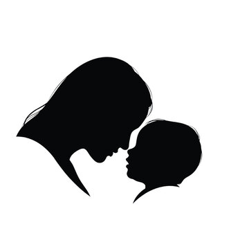 Black silhouette of a woman kissing a child on the forehead isolated on white background