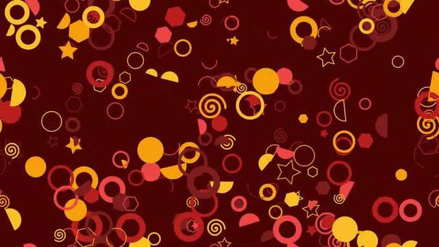 Seamless geometric pattern featuring vibrant yellow, orange, and red stars, circles, and hexagons scattered across a deep dark burgundy background, creating a lively abstract graphic design.