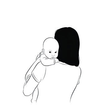 Vector illustration of a woman holding a baby on her shoulder in a simple line drawing style