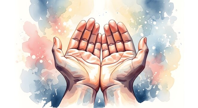 Open hands cupped upwards in prayer or supplication against watercolor background gentle pink blue abstract paint splashes symbolizing hope and spirituality gentle greeting