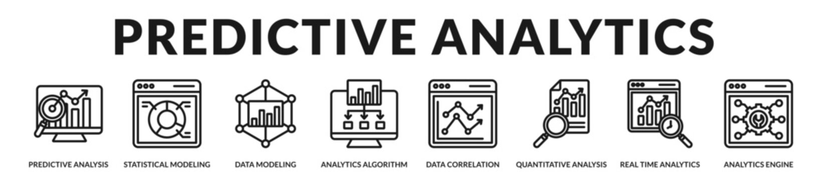 Predictive analytics banner presenting advanced statistical modeling and algorithm driven decision systems. in Lineal Icon Style