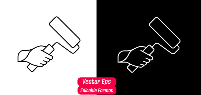 Vector line icon of a hand holding a paint roller, isolated on a white and black background, perfect for UI, app, and website design.