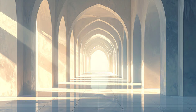 Perspective of endless modern islamic arches with soft ethereal light reflecting on a clean marble floor