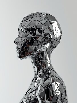 Contemporary digital art showing abstract human silhouette composed of fragmented reflective polygonal surfaces on neutral background. Perfect for identity concepts, psychology themes, modern design