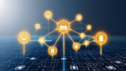 Internet of Things Network Over City Skyline: Central Smart Device Linking Multiple Mobile Screens Across a Nighttime Urban Landscape