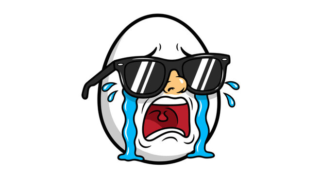 Sad but cool crying egg wearing sunglasses, emotional cartoon character expressing mixed feelings of sorrow and stylishness