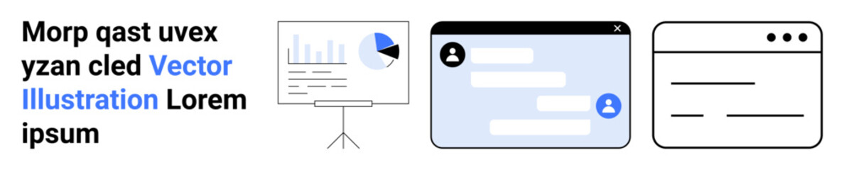 Obraz premium Data analytics, business communication, digital technology, user interface design, web development, educational tools. Bar chart on screen, messaging app browser window. Data analytics and business