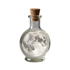 Potion bottle containing captured moonlight with glowing silver liquid, fantasy-themed, centered, isolated on white background