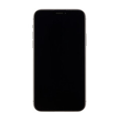 Naklejka premium Sleek, modern smartphone with black screen and slim edges, centered in studio photography on a white background
