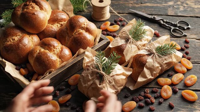 Hands wrapping homemade sweet bread rolls in brown paper with twine and pine sprigs for gifting, surrounded by dried apricots and raisins on a rustic wooden table