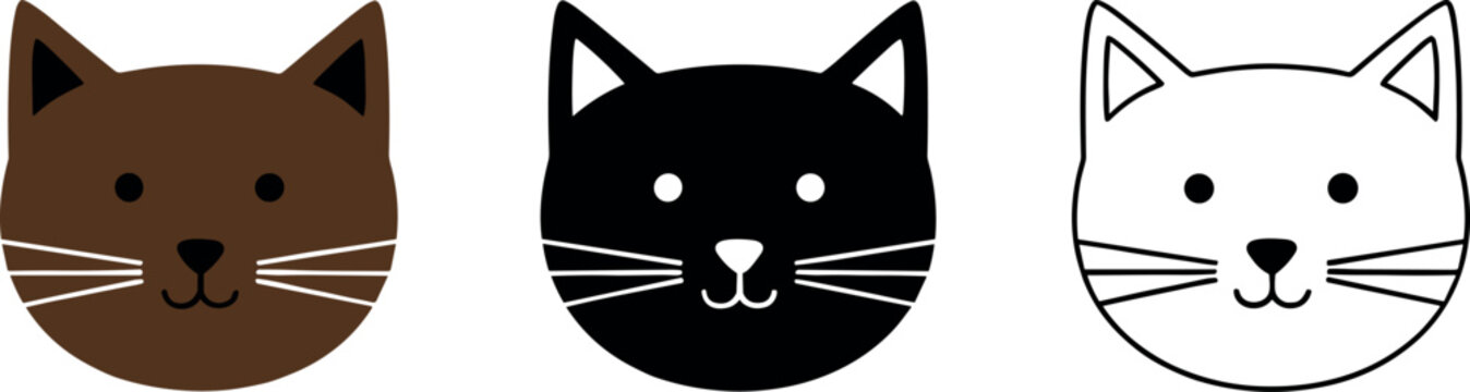 Cute cat face icon set in flat, silhouette, and outline styles for pets, animals, and playful branding