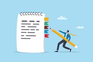 Writing memo note, reminder message, office notepad planning, document or organizer book, stationary or productivity journal, administrative job, businessman with pencil and organized memo notepad.