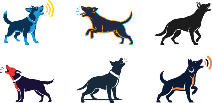 A collection of stylized vector illustrations depicting various dogs barking and howling in different dynamic poses, capturing their vocal expressions and unique graphic forms