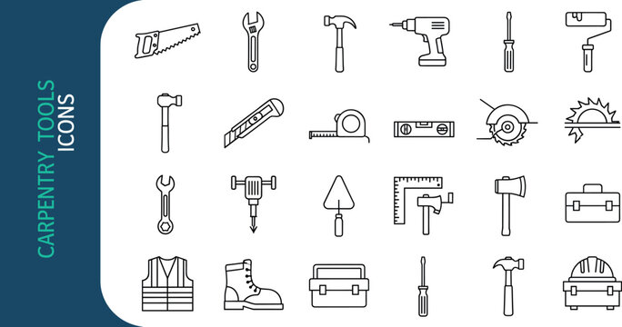 Line icon set of carpentry and construction tools including saw, hammer, drill, wrench, ruler, level and safety equipment vector design
