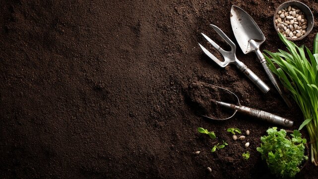 Flat lay of essential spring gardening tools, new seeds, and vibrant green seedlings carefully positioned on fertile dark soil, symbolizing fresh growth and cultivation.