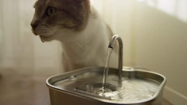 Tabby Cat Drinking from Indoor Water Fountain