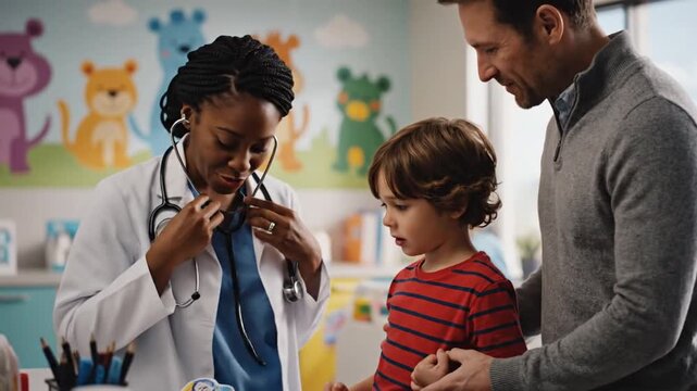 Pediatrician examining child with father in clinic