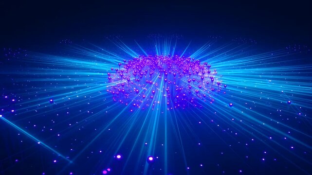 Abstract glowing brain composed of particles and emanating light rays on a dark blue background, symbolizing artificial intelligence, neural networks, and digital consciousness