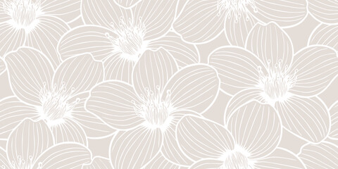 Fototapeta premium Line Art Flowers Seamless Patterns for Surface Design, Fabric, Textiles, Clothing, Wallpaper, Wrapping Paper, Home Décor. Vector Hand Drawn Linear Botanical Background.