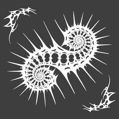 Intricate jagged tribal element brutalist fossils arranged in a stylized composition on a dark background from a close up viewpoint editable © Luqman