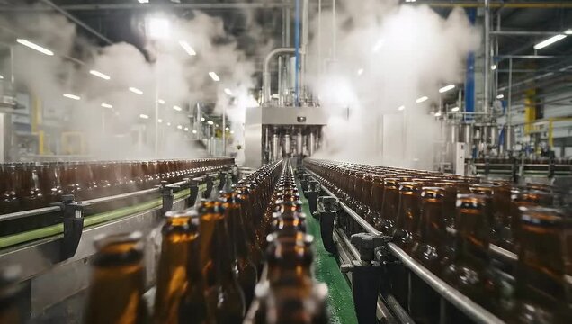 Hundreds of brown glass bottles undergoing sterilization and cleaning process inside a modern manufacturing plant