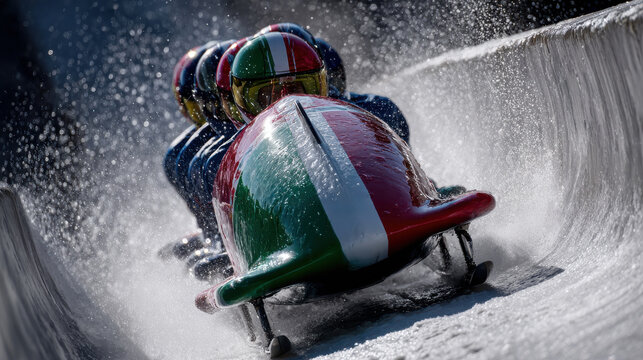 Professional bobsleigh team racing down an icy track at high speed during a winter sports championship for victory and teamwork concepts
