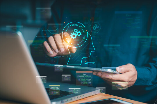 Programmer using laptop with AI head and coding language icons. Concept of automated coding, software development, artificial intelligence in programming, and machine learning.