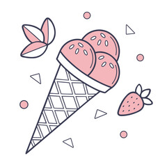 Vector pink strawberry ice cream in a waffle cone