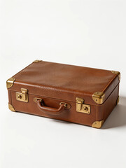 Vintage Brown Leather Suitcase with Brass Locks, Antique Retro Style Travel Baggage, Classic Leather Briefcase Isolated on White Background, Nostalgic Journey and Heritage Concept.