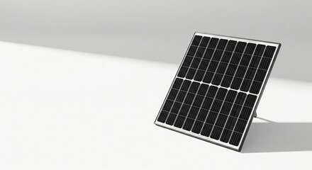 A photovoltaic solar panel with a reflective surface stands on a plain white background