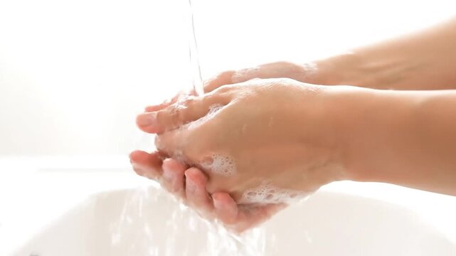 Washing hands under a stream of water to clean and remove germs and viruses