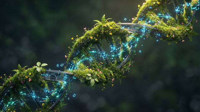 A vibrant DNA double helix structure covered in lush green moss and glowing blue lights in a natural environment