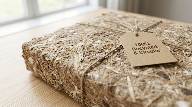 A bale of compressed recycled materials tied with twine with a tag stating 100 Recycled Circular