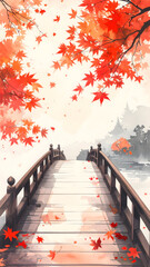 紅葉と橋の古風構図