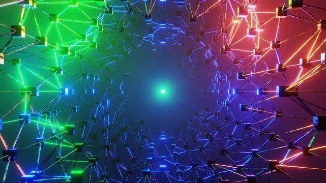 Big data flow visualization with blockchain technology for data science presentations, fintech videos, and tech company content. High-speed internet concept. 4K loop.